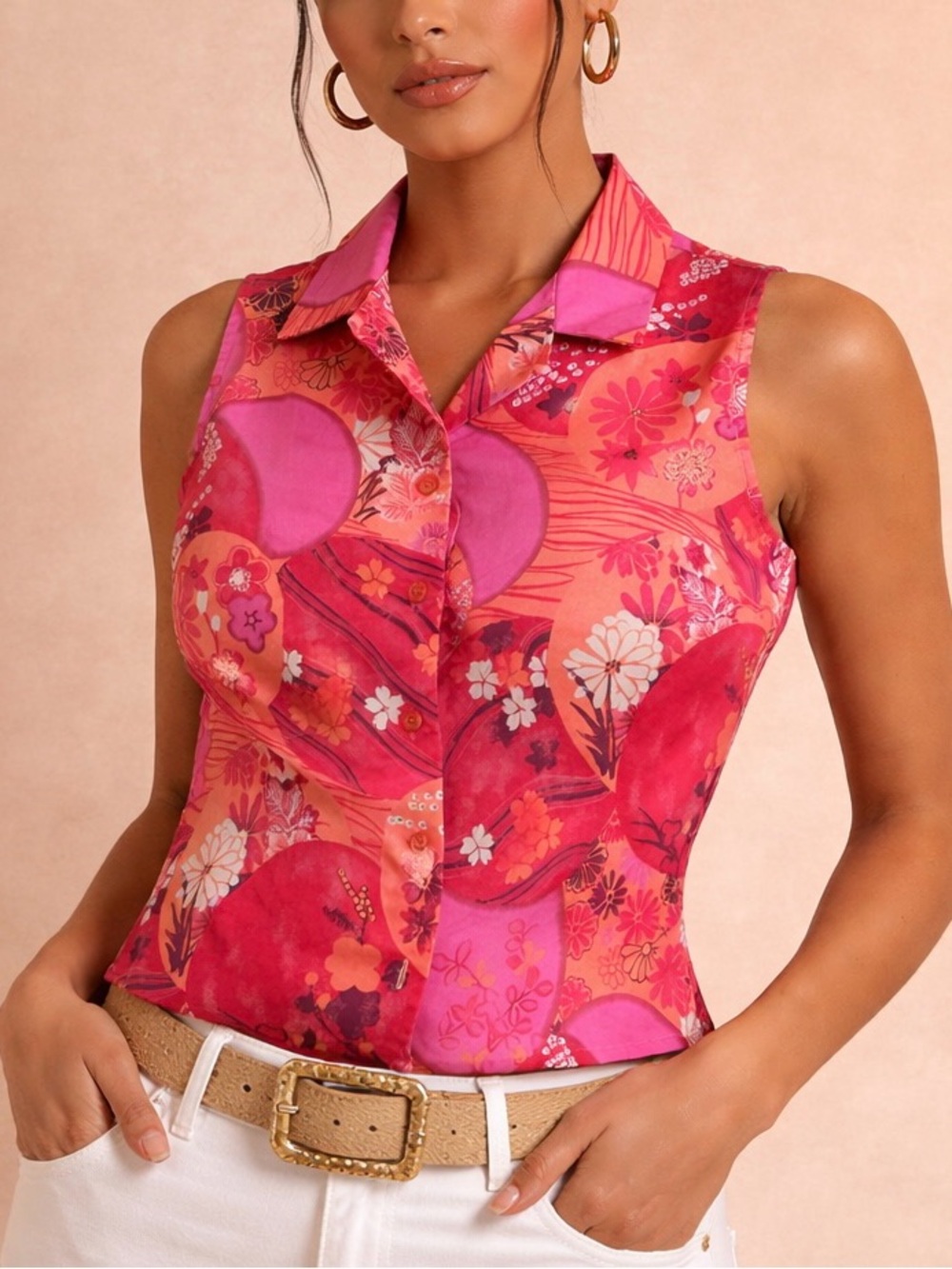 NEW Size 16 Goodclothes Pink Floral Sleeveless Cotton Hawaiian Button Up Shirt